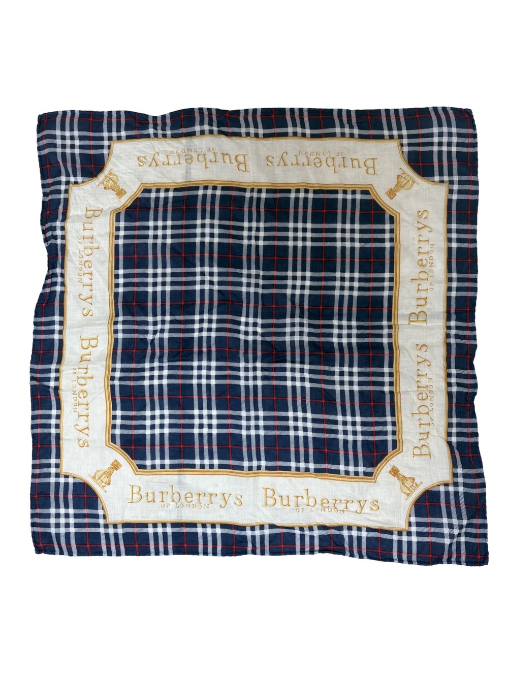 Burberrys Navy, White & Red Plaid Silk Scarf with Gold Border